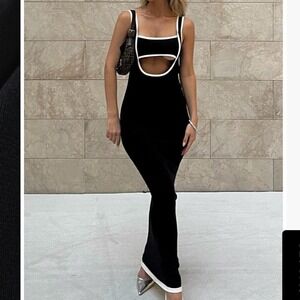 Black Ribbed Maxi Dress White Trim Cutout Back Sleeveless Bodycon